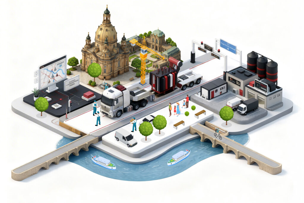 Spedition Dresden - isometrische Darstellung der Stadt Dresen mit einem Transporter